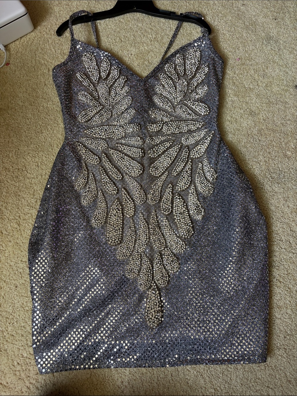 Silver Beaded V-Neck Cocktail Dress